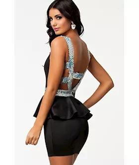Black Deep V Mesh Insert Sequin Back Mini Peplum Dress