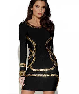 Black Gold Crystals Embellished Bandage Dress