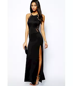 Black Lace Splicing Maxi Evening Dress