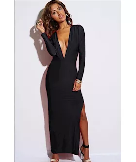 Black Long Sleeve V-neck Split Maxi Dress