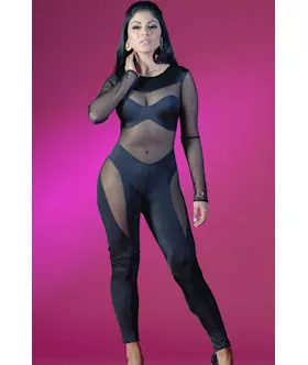 Black Mesh Cutout Long Sleeved Jumpsuit