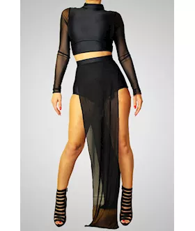 Black Mesh Panel Short Pant Set