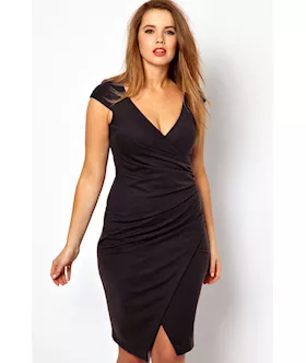 Black Ruched Wrap Midi Dress