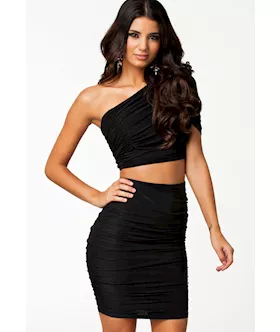 Black Sexy Tight Folded One-shoulder Midi Skirt Set