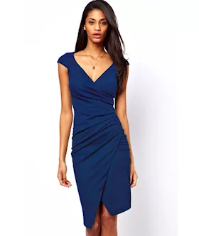 Blue Ruched Wrap Midi Dress