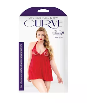 Valerie Pleated Halter Lace Cup Babydoll With Matching G-string