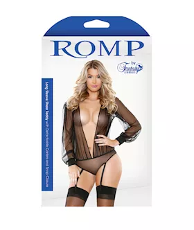 Long Sleeve Sheer Teddy With Detachable Garters & Snap Closure