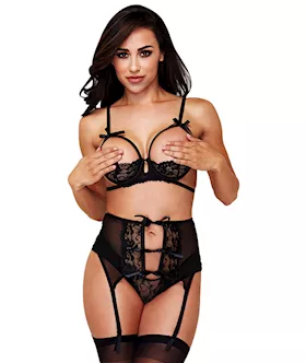 Baci 3 Piece Show Me Bra, Garter Belt, And Crotchless Panty Set