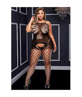 Crotchless Jacquard Bodystocking With Fishnet Leg Detail