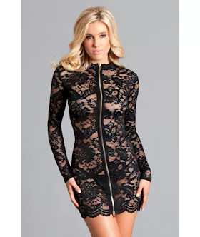 One Piece Front Zip Lace Mini Dress - L