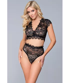 Two Piece Lace Eyelash Crop Bralette And High Waist Thong Set - Xl
