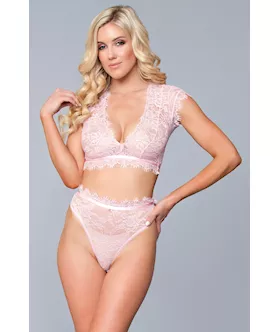 Two Piece Lace Eyelash Crop Bralette And High Waist Thong Set - Xl