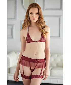Lace And Mesh Bra And Garter G-string 2 Piece Set