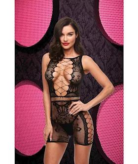 Sexy Fishnet And Lace Mini Dress - Black Env