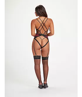 Nothing But Net Guipure Lace And Fishnet Teddy Stm-11456-black/wine-xl