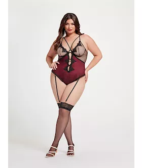 Nothing But Net Guipure Lace And Fishnet Teddy Stm-11456x-black/wine-3x/4x
