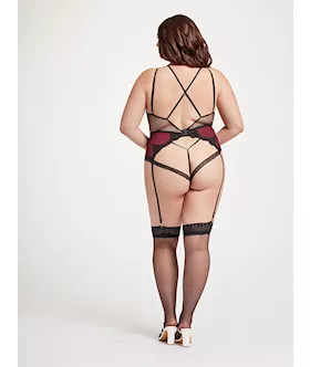 Nothing But Net Guipure Lace And Fishnet Teddy Stm-11456x-black/wine-3x/4x