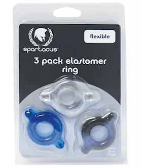 Spartacus Elastomer Cock Ring Set  Black Blue amp Clear Pack of 3