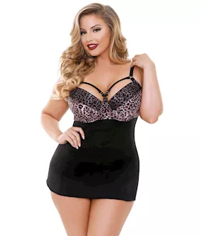Curve Nene Cutout Molded Leopard Print Chemise W/g-string Rose Leopard 3x/4x