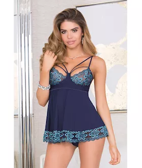 Lace & Microfiber Babydoll W/soft Cups & G-string Blue Sm