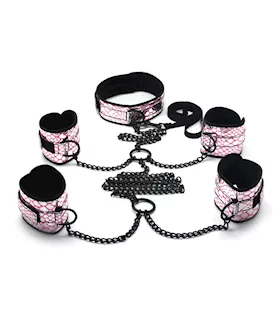 Spartacus Faux Leather Collar to Wrist amp Ankle Restraints Bondage Kit wLeash  Pink