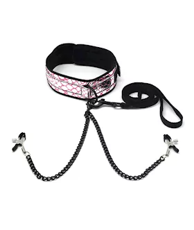 Spartacus Faux Leather Collar amp Leash wBlack Nipple Clamps  Pink