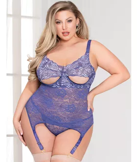 Cross Dye Lace Peek A Boo Chemise W/attached Garters & G-string Iris Qn