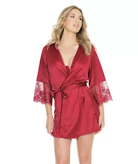 Stretch Satin Robe W/eyelash Lace Sleeve Merlot O/s