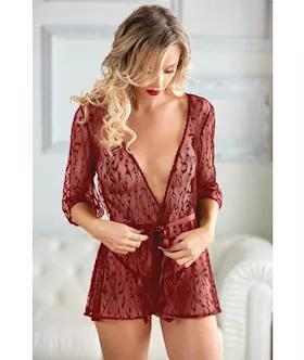 Allure Valentina Leopard Lace Robe & G-string Ruby Qn