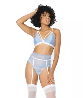 Scallop Stretch Lace Bra, Garter Belt & G-string Light Blue/white S/m