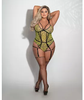 Print Mesh Teddy W/garters Leopard Chartreuse Qn