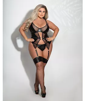 Lame & Net Cami W/attached Garters & G-string Black 1x/2x