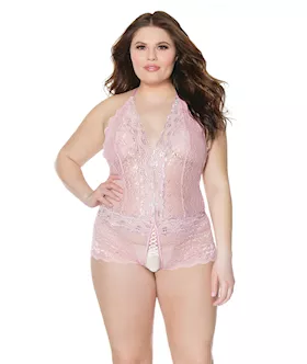 Crystal Pink Halter Crotchless Teddy Pink/silver Os/xl