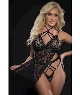 Lace Halter Babydoll W/high Waist Strappy Panty Blackout O/s