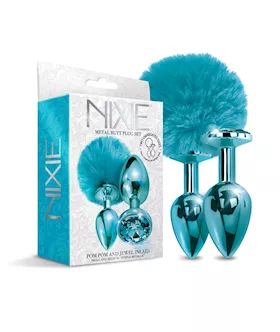 Nixie Metal Butt Plug Set wJewel Inlaid amp Pom Pom  Blue Metallic