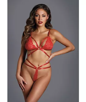 Adore The Flame Strappy Lace Bra & Thong Red O/s