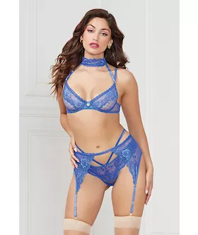 Demi Bra W/removable Collar, Garter Belt & Thong Blue Lg