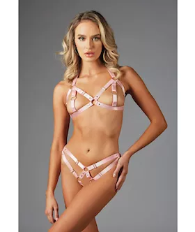 Adore Maddie Strap Bralette W/nipple Rings & Open Panty Pink O/s