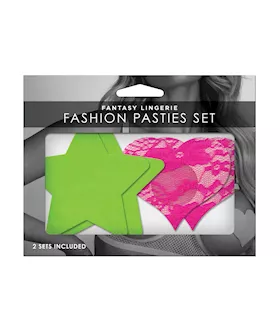 Fantasy Uv Reactive Neon Star & Lace Heart Pasties - Green & Pink O/s Pack Of 2