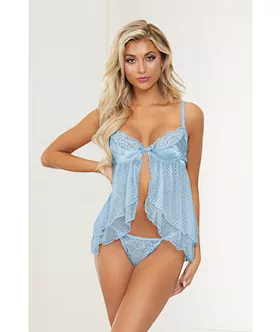 Satin Jacquard Dot Mesh Scallop Lace Babydoll & G-string Blue Sm