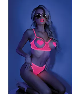 Glow Black Light Open Cup Bra & Crotchless Panties (Pasties Not Included) Neon Pink M/l