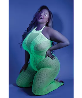 Glow Black Light Crotchless Bodystocking Neon Green Qn