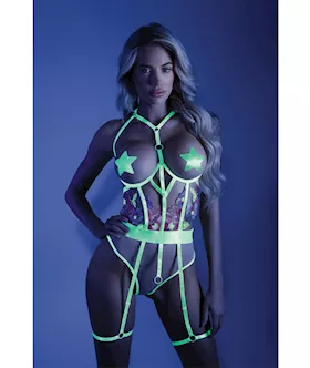 Glow Black Light Embroidered Cupless Garter Teddy (Pasties Not Included) Neon Chartreuse M/l