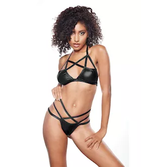 Kitten Sugar & Blush Criss Cross Bralette & Thong Black O/s