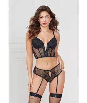 Stretch Lace Cropped Bustier & Cheeky Panty Black Lg