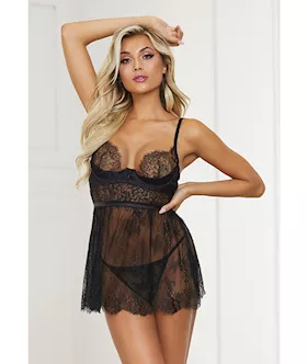 Lace & Satin Babydoll & Panty Black Lg