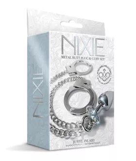 Nixie Metal Butt Plug wInlaid Jewel amp Fur Cuff Set  Silver Metallic