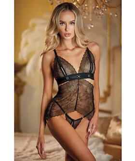Allure Lace Peek A Boo Chemise & Ouverte G-string Black O/s