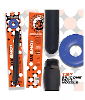 Oxballs Oxshot 12" Silicone Butt Nozzle W/flex Cockring - Black/blue