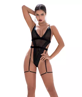 Shadow Panel Bodysuit W/hook & Eye Crotch Closure & Attached Garters Black M/l
